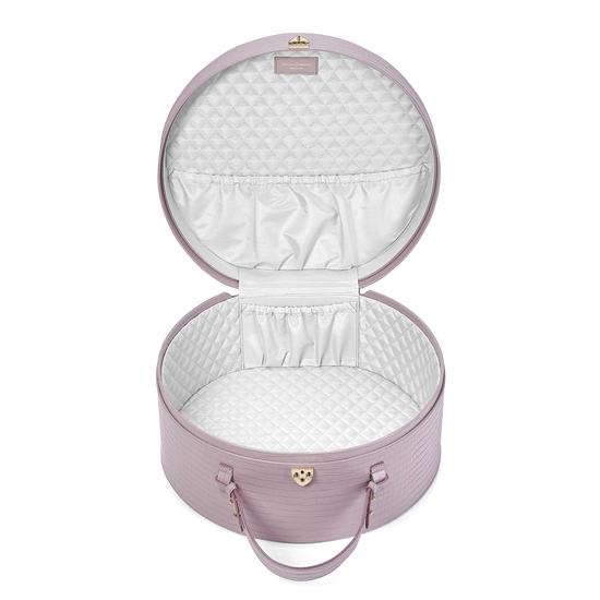 Large Hat Box in Deep Shine Lilac Small Croc from Aspinal of London