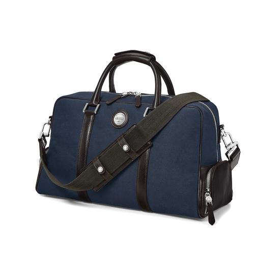 Aerodrome 48 Hour Mission Bag in Navy Canvas & Dark Brown Pebble from Aspinal of London