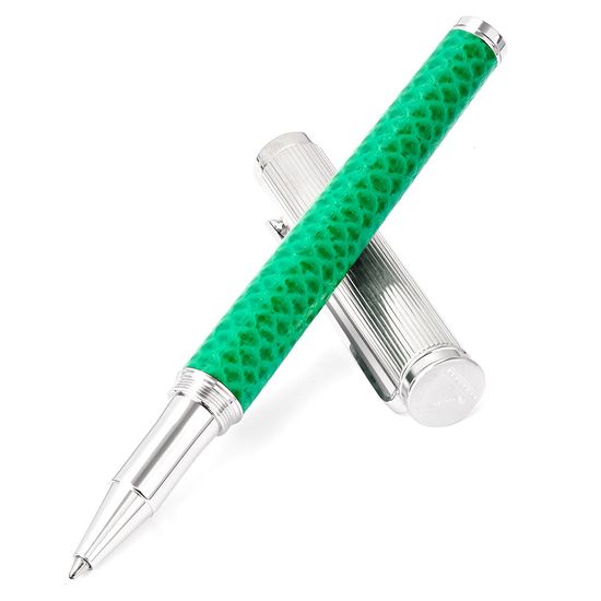 Sterling Silver & Leather Rollerball Pen in Grass Green Lizard from Aspinal of London