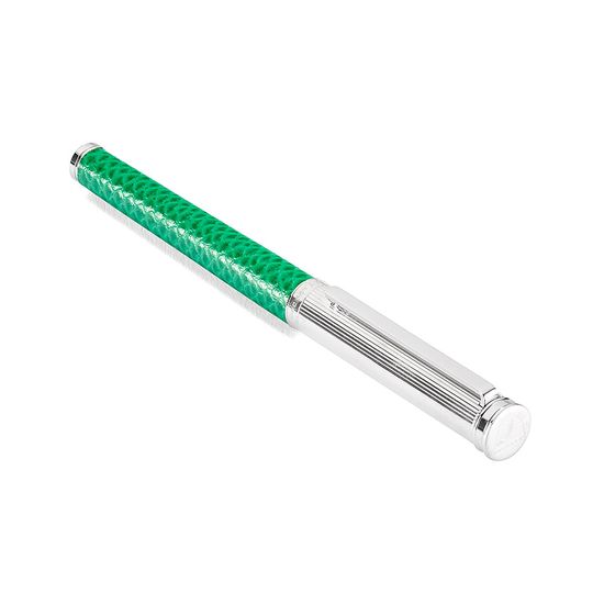 Sterling Silver & Leather Rollerball Pen in Grass Green Lizard from Aspinal of London