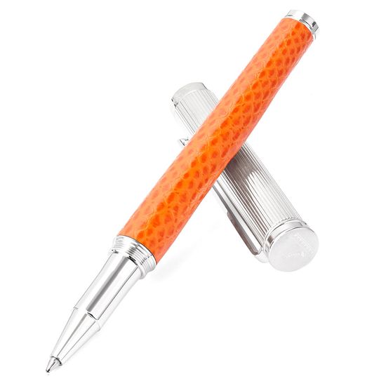 Sterling Silver & Leather Rollerball Pen in Orange Lizard from Aspinal of London