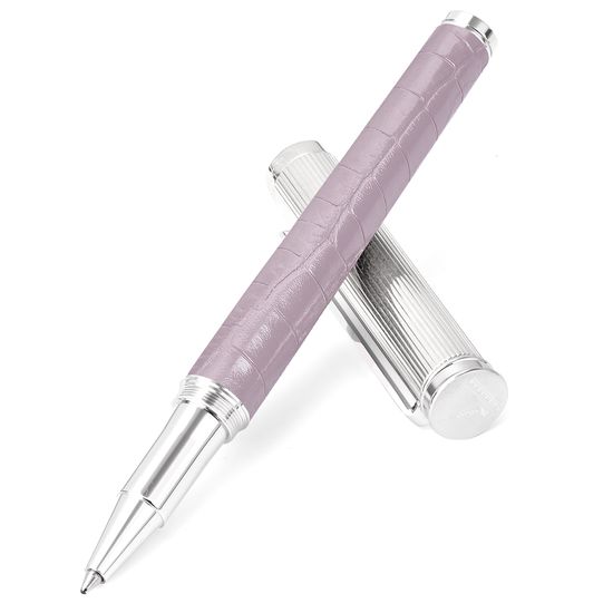 Sterling Silver & Leather Rollerball Pen in Deep Shine Lilac Small Croc from Aspinal of London