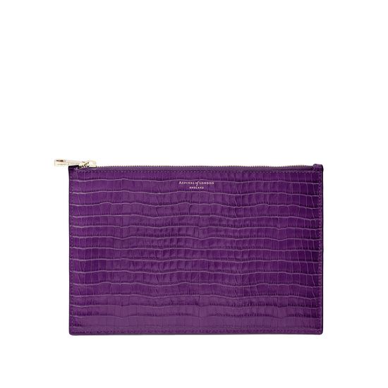 Large Essential Flat Pouch in Deep Shine Amethyst Small Croc from Aspinal of London