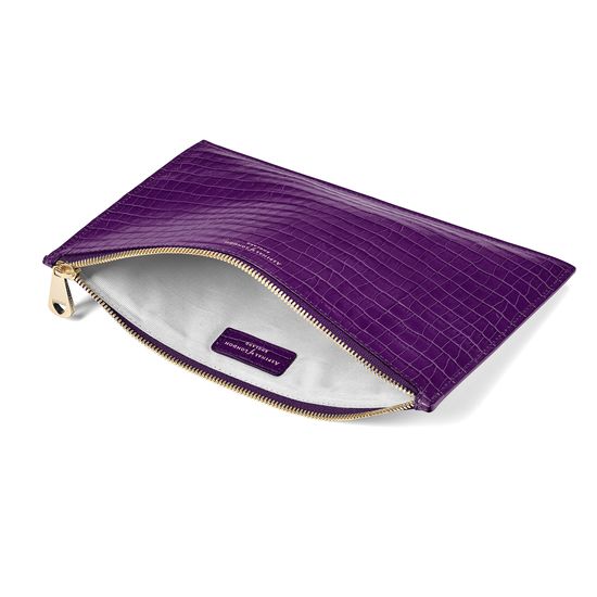 Large Essential Flat Pouch in Deep Shine Amethyst Small Croc from Aspinal of London