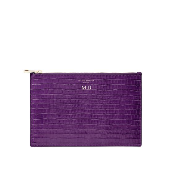 Large Essential Flat Pouch in Deep Shine Amethyst Small Croc from Aspinal of London