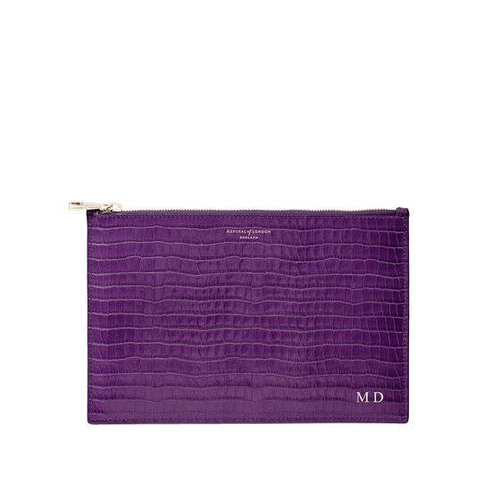 Large Essential Flat Pouch in Deep Shine Amethyst Small Croc from Aspinal of London