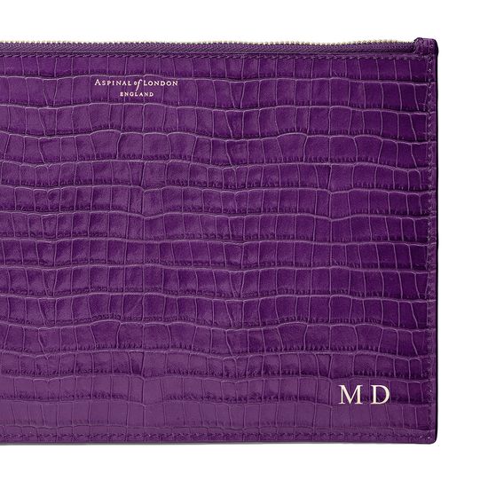 Large Essential Flat Pouch in Deep Shine Amethyst Small Croc from Aspinal of London