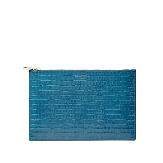Large Essential Flat Pouch in Deep Shine Topaz Small Croc from Aspinal of London