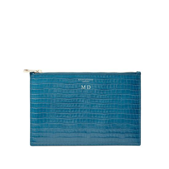 Large Essential Flat Pouch in Deep Shine Topaz Small Croc from Aspinal of London