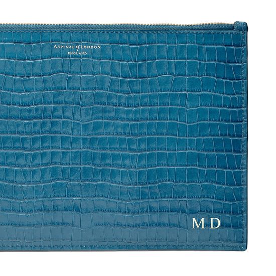 Large Essential Flat Pouch in Deep Shine Topaz Small Croc from Aspinal of London