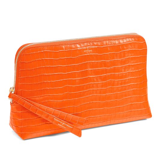 Large Essential Cosmetic Case in Deep Shine Amber Small Croc from Aspinal of London