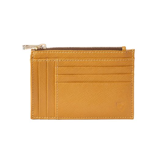 Double Sided Zipped Card & Coin Holder in Mustard Saffiano from Aspinal of London
