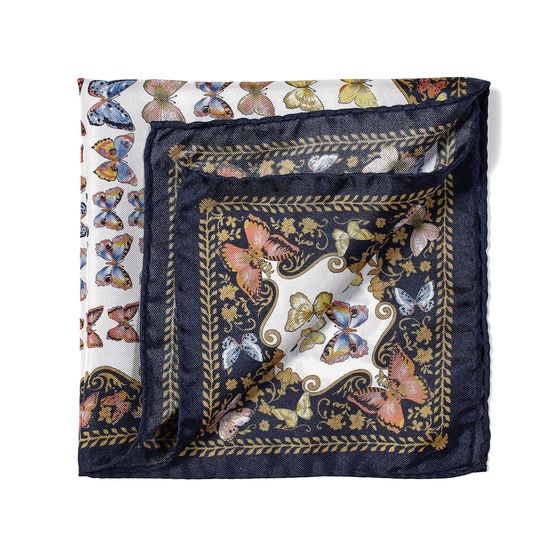 Aspinal x Caudwell Children (Butterflies Silk Pocket Square in Navy) from Aspinal of London