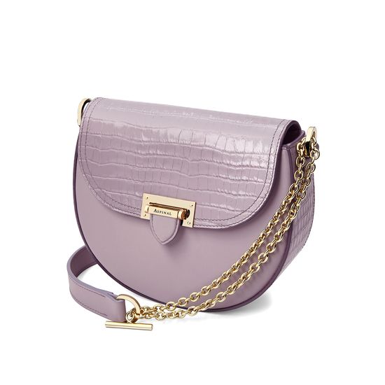 Portobello Bag in Deep Shine Lilac Small Croc & Smooth Lilac from Aspinal of London