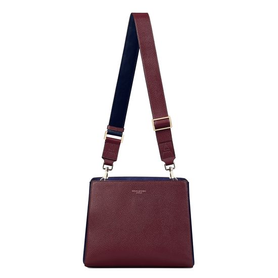 Small Ella Hobo in Burgundy Pebble with Bordeaux & Navy Strap from Aspinal of London