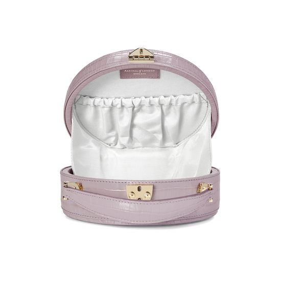Mini Hat Box Bag in Deep Shine Lilac Small Croc from Aspinal of London