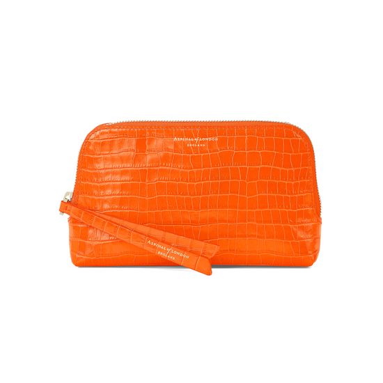 Small Essential Cosmetic Case in Deep Shine Amber Small Croc from Aspinal of London