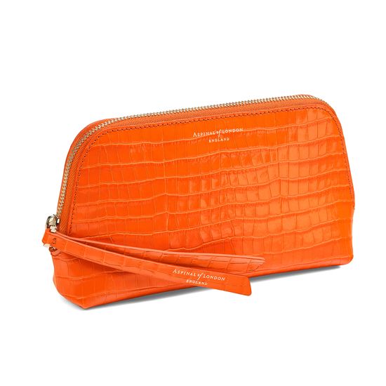 Small Essential Cosmetic Case in Deep Shine Amber Small Croc from Aspinal of London