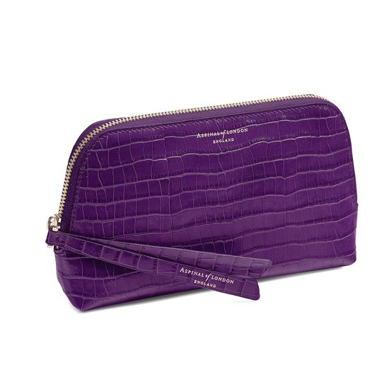 Small Essential Cosmetic Case in Deep Shine Amethyst Small Croc from Aspinal of London