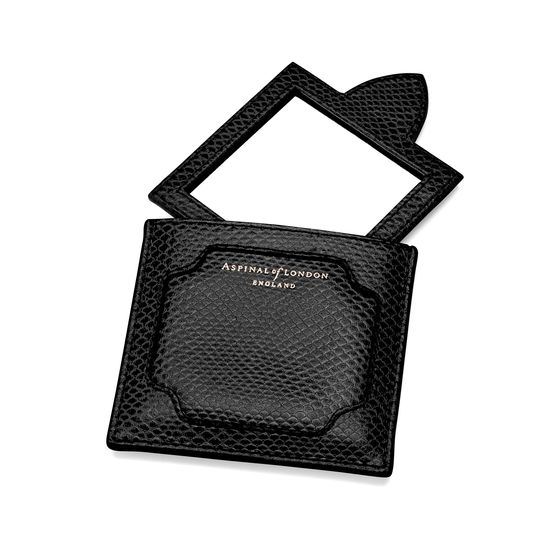 Marylebone Compact Mirror in Jet Black Lizard from Aspinal of London