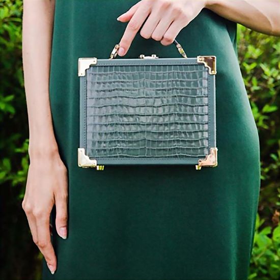 Mini Trunk Clutch in Deep Shine Sage Small Croc from Aspinal of London