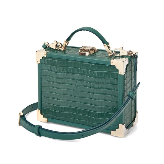Mini Trunk Clutch in Deep Shine Sage Small Croc from Aspinal of London
