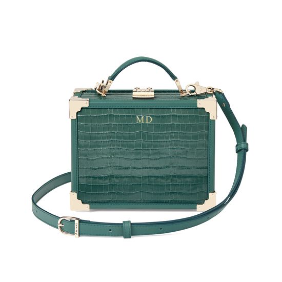 Mini Trunk Clutch in Deep Shine Sage Small Croc from Aspinal of London