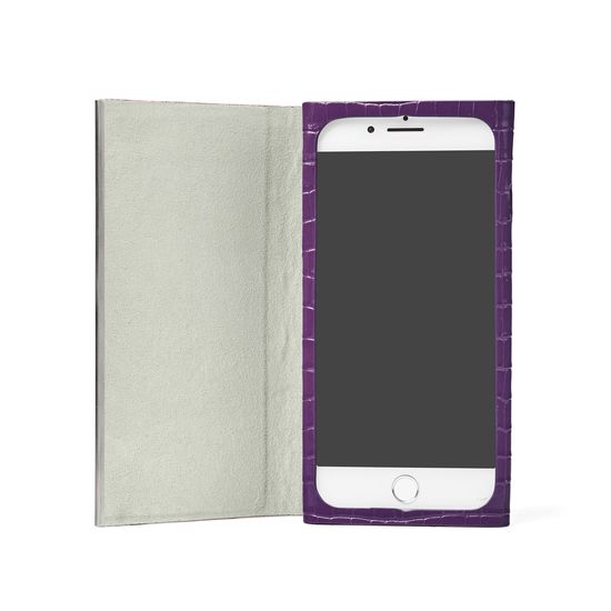 iPhone 7/8 Leather Book Case in Deep Shine Amethyst Small Croc from Aspinal of London