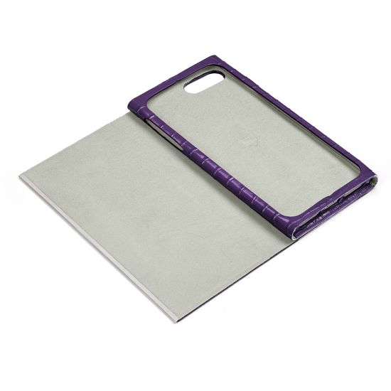 iPhone 7/8 Leather Book Case in Deep Shine Amethyst Small Croc from Aspinal of London