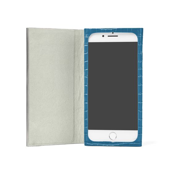 iPhone 7/8 Leather Book Case in Deep Shine Topaz Small Croc from Aspinal of London