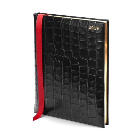 Quarto A4 Day to Page Leather Diary in Deep Shine Black Croc from Aspinal of London