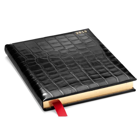 Quarto A4 Day to Page Leather Diary in Deep Shine Black Croc from Aspinal of London