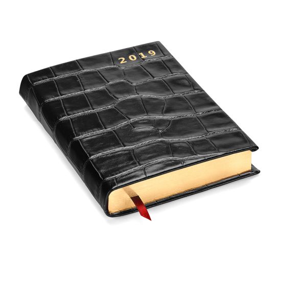 A6 Day to Page Leather Diary in Deep Shine Black Croc from Aspinal of London