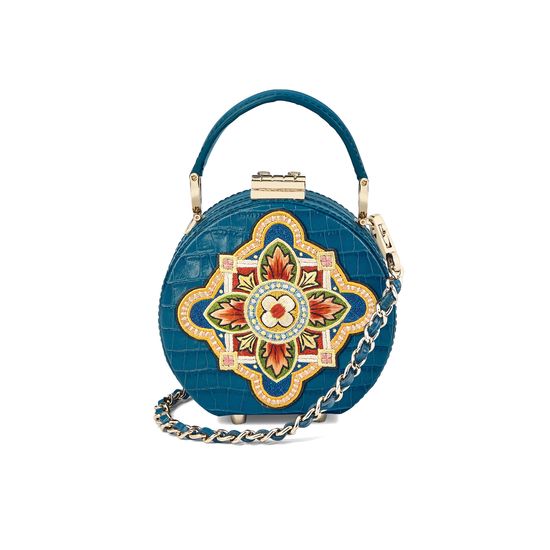Micro Hat Box in Deep Shine Topaz Small Croc with Tudor Embroidery from Aspinal of London