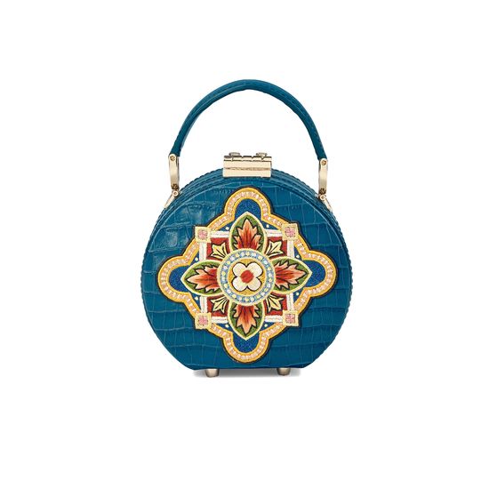 Micro Hat Box in Deep Shine Topaz Small Croc with Tudor Embroidery from Aspinal of London