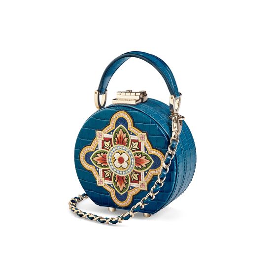 Micro Hat Box in Deep Shine Topaz Small Croc with Tudor Embroidery from Aspinal of London