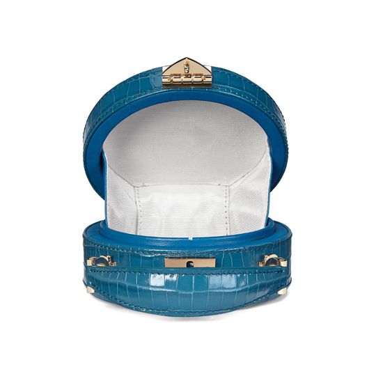 Micro Hat Box in Deep Shine Topaz Small Croc with Tudor Embroidery from Aspinal of London