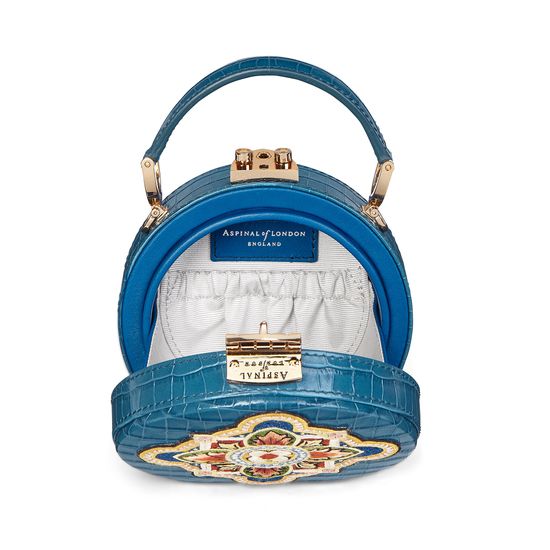 Micro Hat Box in Deep Shine Topaz Small Croc with Tudor Embroidery from Aspinal of London