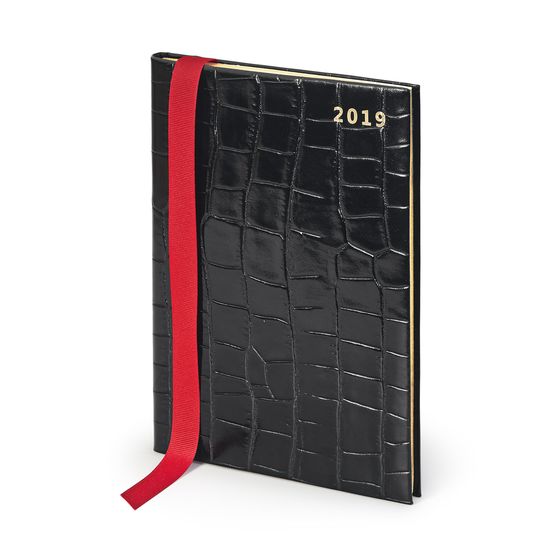 A5 Week to View Leather Diary in Deep Shine Black Croc from Aspinal of London
