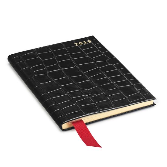 A5 Week to View Leather Diary in Deep Shine Black Croc from Aspinal of London
