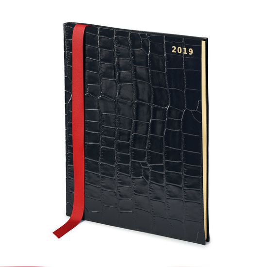 Quarto A4 Week to View Leather Diary in Deep Shine Black Croc from Aspinal of London