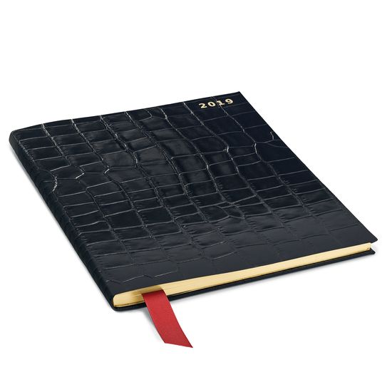 Quarto A4 Week to View Leather Diary in Deep Shine Black Croc from Aspinal of London