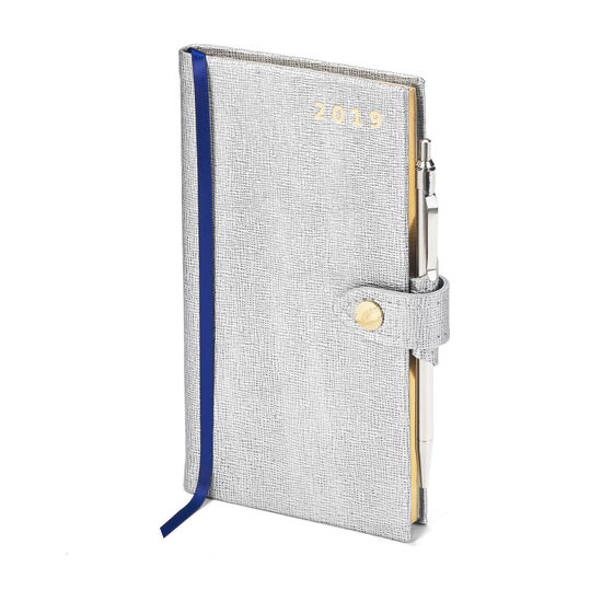 Slim Pocket Leather Diary with Pen in Silver Saffiano from Aspinal of London
