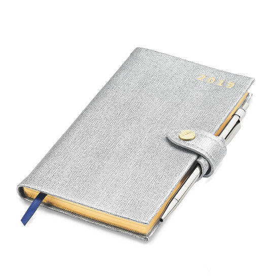 Slim Pocket Leather Diary with Pen in Silver Saffiano from Aspinal of London