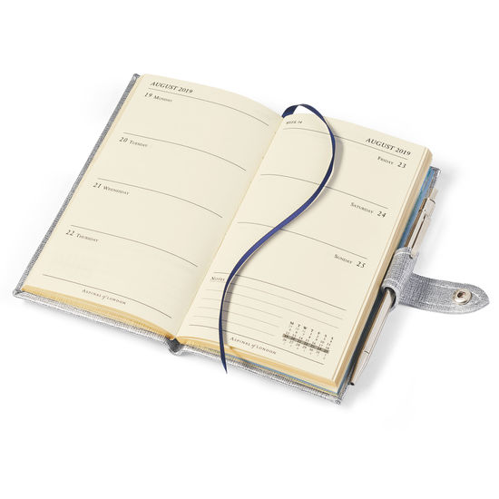 Slim Pocket Leather Diary with Pen in Silver Saffiano from Aspinal of London