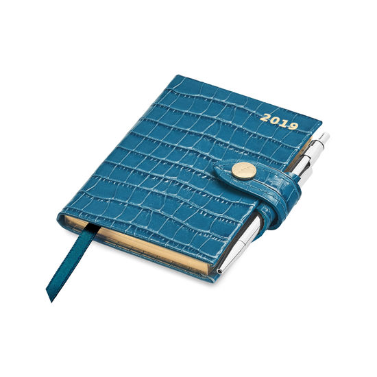 Mini Pocket Leather Diary with Pen in Deep Shine Topaz Small Croc from Aspinal of London
