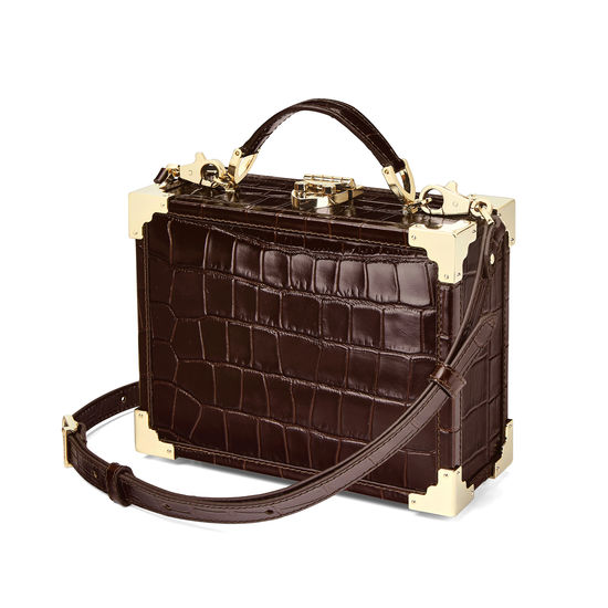 Mini Trunk Clutch in Deep Shine Amazon Brown Croc from Aspinal of London