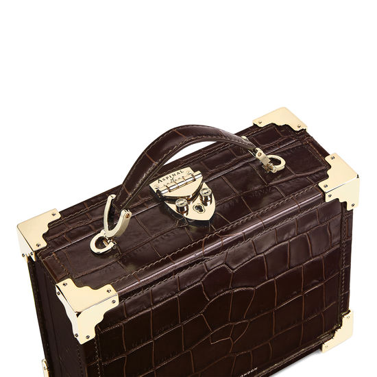 Mini Trunk Clutch in Deep Shine Amazon Brown Croc from Aspinal of London
