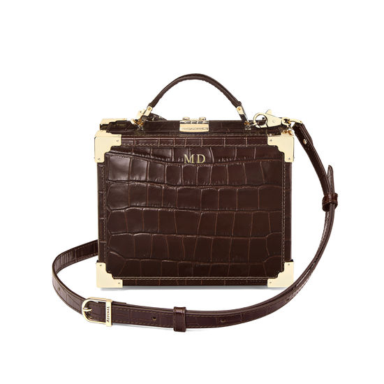 Mini Trunk Clutch in Deep Shine Amazon Brown Croc from Aspinal of London