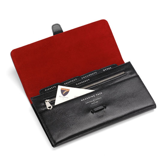 Classic Travel Wallet in Jet Black Lizard & Red Suede from Aspinal of London